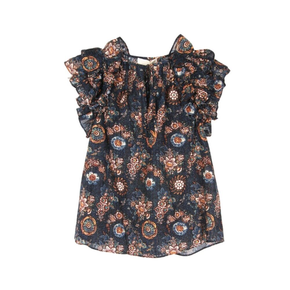 Ulla Johnson Elisa Top Shirt Blouse Womens 10 Navy Blue Flutter Sleeve Floral - Picture 12 of 12
